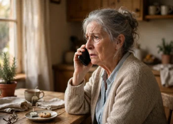 An elderly woman at her kitchen table holding a phone to her ear with a worried expression — the moment a voice-clone scam call might arrive