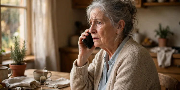 An elderly woman at her kitchen table holding a phone to her ear with a worried expression — the moment a voice-clone scam call might arrive