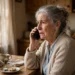 An elderly woman at her kitchen table holding a phone to her ear with a worried expression — the moment a voice-clone scam call might arrive