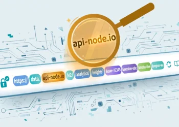 Illustration of a browser address bar with a long web address broken into colour-coded segments, a magnifying glass highlighting the domain part