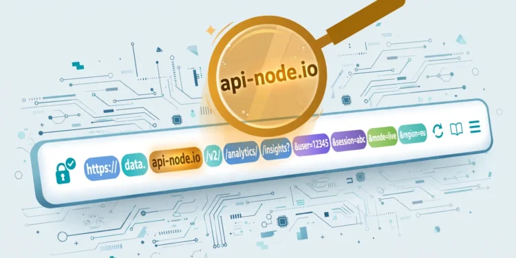 Illustration of a browser address bar with a long web address broken into colour-coded segments, a magnifying glass highlighting the domain part