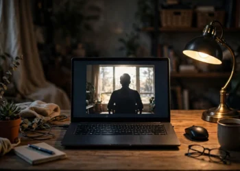 A laptop on a home office desk showing a video call where the participant is a dark silhouette against a bright window behind them — illustrating the backlighting mistake that ruins webcam quality