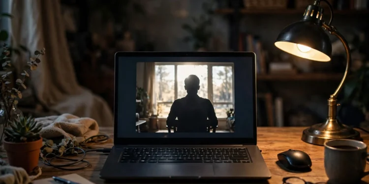 A laptop on a home office desk showing a video call where the participant is a dark silhouette against a bright window behind them — illustrating the backlighting mistake that ruins webcam quality