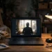 A laptop on a home office desk showing a video call where the participant is a dark silhouette against a bright window behind them — illustrating the backlighting mistake that ruins webcam quality