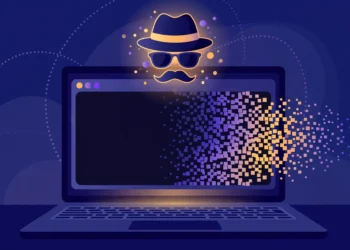 Editorial illustration of a laptop with a spy-hat-and-sunglasses disguise motif above a browser window dissolving into pixels, representing private browsing traces disappearing