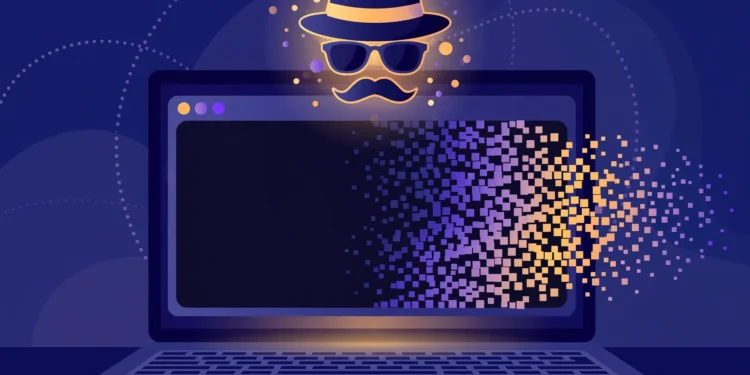 Editorial illustration of a laptop with a spy-hat-and-sunglasses disguise motif above a browser window dissolving into pixels, representing private browsing traces disappearing