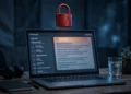Photorealistic illustration of a laptop displaying an email inbox with a breach warning, with a cracked red padlock floating above the screen