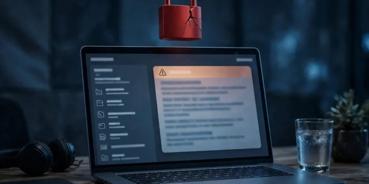 Photorealistic illustration of a laptop displaying an email inbox with a breach warning, with a cracked red padlock floating above the screen