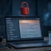 Photorealistic illustration of a laptop displaying an email inbox with a breach warning, with a cracked red padlock floating above the screen