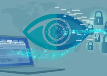 Editorial illustration of a laptop sending a stream of network data through a large eye-shaped observer node, with domain names visible in the open flow and page content shown as locked padlocks