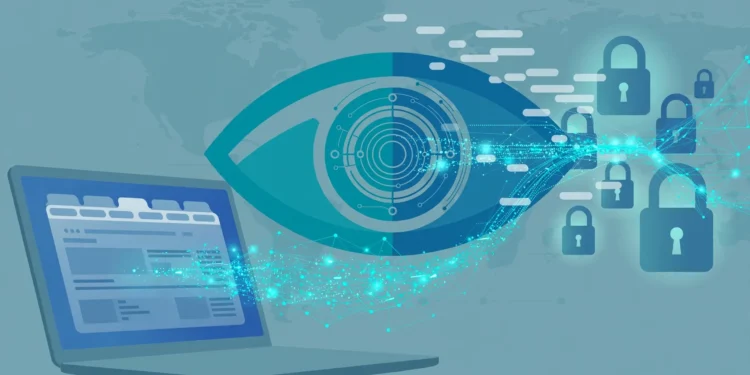 Editorial illustration of a laptop sending a stream of network data through a large eye-shaped observer node, with domain names visible in the open flow and page content shown as locked padlocks