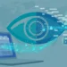 Editorial illustration of a laptop sending a stream of network data through a large eye-shaped observer node, with domain names visible in the open flow and page content shown as locked padlocks