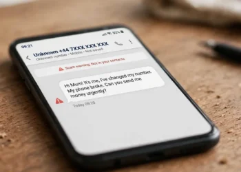 Photorealistic image of a smartphone on a wooden desk showing a messaging app with a suspicious "Hi Mum! It's me, I've changed my number" text from an unknown number, with a red warning triangle beside the message
