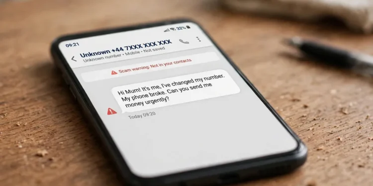 Photorealistic image of a smartphone on a wooden desk showing a messaging app with a suspicious "Hi Mum! It's me, I've changed my number" text from an unknown number, with a red warning triangle beside the message