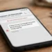 Photorealistic image of a smartphone on a wooden desk showing a messaging app with a suspicious "Hi Mum! It's me, I've changed my number" text from an unknown number, with a red warning triangle beside the message
