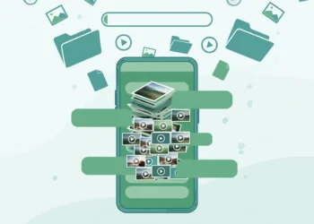 Flat illustration of a smartphone with a green messaging app screen as photos and video clips pile up inside it, with file and folder icons floating around and a storage gauge bar at the top, symbolising WhatsApp filling up phone storage