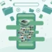 Flat illustration of a smartphone with a green messaging app screen as photos and video clips pile up inside it, with file and folder icons floating around and a storage gauge bar at the top, symbolising WhatsApp filling up phone storage
