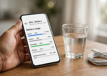 Hand holding a smartphone showing its battery usage screen, next to a glass of water and a charging cable