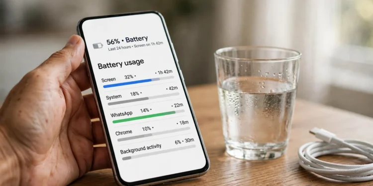 Hand holding a smartphone showing its battery usage screen, next to a glass of water and a charging cable