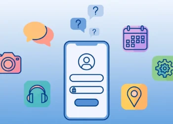 Illustration of a smartphone showing a sign-in screen, surrounded by app icons with question marks — representing apps asking users to sign in