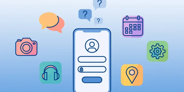 Illustration of a smartphone showing a sign-in screen, surrounded by app icons with question marks — representing apps asking users to sign in