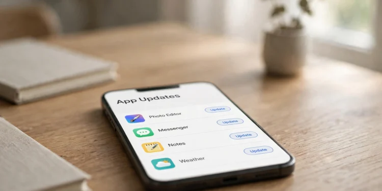 Smartphone on a desk showing an "App Updates" screen with several apps listed beside Update buttons