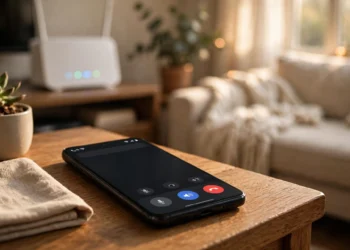 Smartphone showing an active voice call with a Wi-Fi calling icon in the status bar, resting on a table with a Wi-Fi router glowing in the background