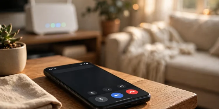 Smartphone showing an active voice call with a Wi-Fi calling icon in the status bar, resting on a table with a Wi-Fi router glowing in the background