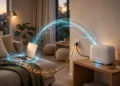 A home Wi-Fi router sending a glowing wireless signal toward a laptop on a couch, with a data cable running into the wall — illustrating the difference between Wi-Fi speed and internet speed