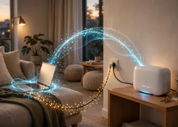 A home Wi-Fi router sending a glowing wireless signal toward a laptop on a couch, with a data cable running into the wall — illustrating the difference between Wi-Fi speed and internet speed