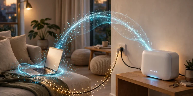 A home Wi-Fi router sending a glowing wireless signal toward a laptop on a couch, with a data cable running into the wall — illustrating the difference between Wi-Fi speed and internet speed
