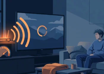 Editorial illustration of a person on a sofa watching a TV paused on a buffering spinner, while a glowing router with strong signal waves and a high reading on a speed gauge sits nearby — contrasting a sluggish video with a fast connection