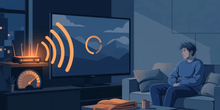 Editorial illustration of a person on a sofa watching a TV paused on a buffering spinner, while a glowing router with strong signal waves and a high reading on a speed gauge sits nearby — contrasting a sluggish video with a fast connection