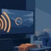 Editorial illustration of a person on a sofa watching a TV paused on a buffering spinner, while a glowing router with strong signal waves and a high reading on a speed gauge sits nearby — contrasting a sluggish video with a fast connection