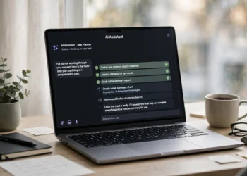 Laptop showing an AI assistant working through a multi-step task checklist, marking items complete one by one