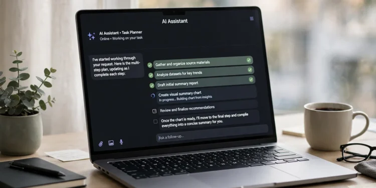 Laptop showing an AI assistant working through a multi-step task checklist, marking items complete one by one