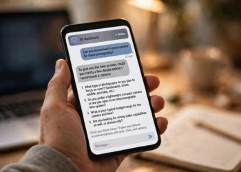 A hand holding a smartphone showing an AI chatbot asking numbered clarifying questions before answering a camera recommendation request.