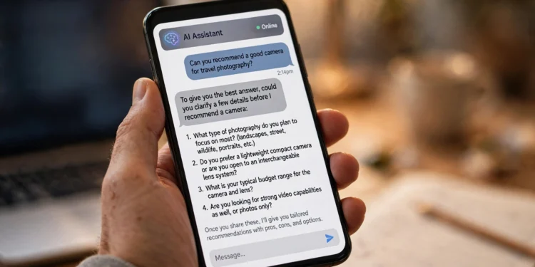 A hand holding a smartphone showing an AI chatbot asking numbered clarifying questions before answering a camera recommendation request.