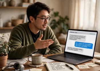 A person rehearsing out loud at a desk while a laptop shows an AI chatbot asking a job interview practice question