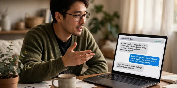 A person rehearsing out loud at a desk while a laptop shows an AI chatbot asking a job interview practice question