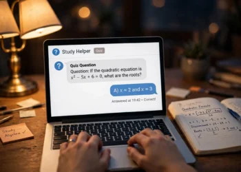 Photorealistic close-up of a student studying at a warmly lit desk, laptop showing a quiz question on screen, handwritten study notes beside it