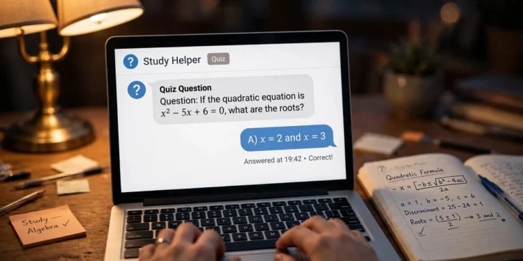 Photorealistic close-up of a student studying at a warmly lit desk, laptop showing a quiz question on screen, handwritten study notes beside it