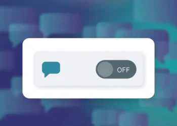 Illustration of an AI chatbot settings panel with a privacy toggle switched off and chat bubbles fading in the background