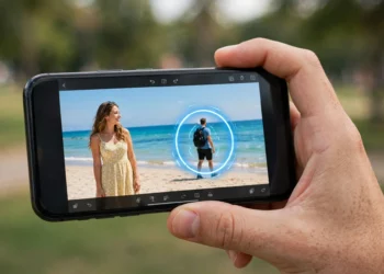 A hand holding a smartphone showing a beach photo being edited, with a glowing selection ring around a stranger in the background about to be erased.