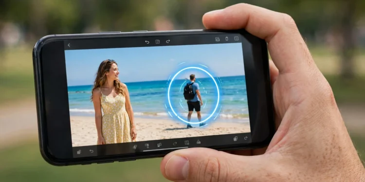 A hand holding a smartphone showing a beach photo being edited, with a glowing selection ring around a stranger in the background about to be erased.