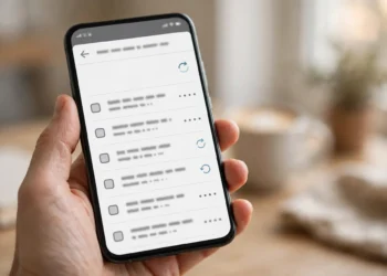 A hand holding a smartphone showing an app store purchase history screen with refund request options