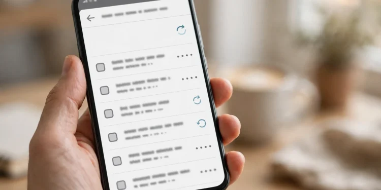 A hand holding a smartphone showing an app store purchase history screen with refund request options