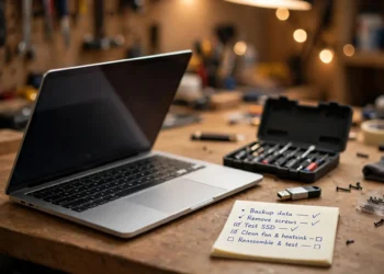 A laptop on a repair workbench beside a screwdriver set, USB drive and a handwritten preparation checklist