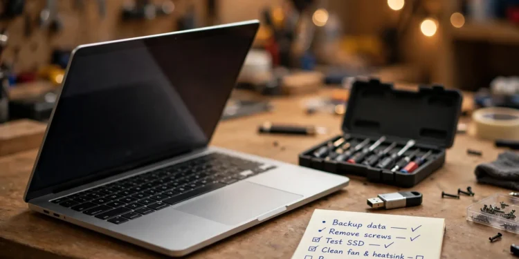 A laptop on a repair workbench beside a screwdriver set, USB drive and a handwritten preparation checklist