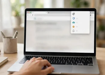 A laptop on a desk showing a browser extensions menu open beside the address bar, with a hand on the trackpad